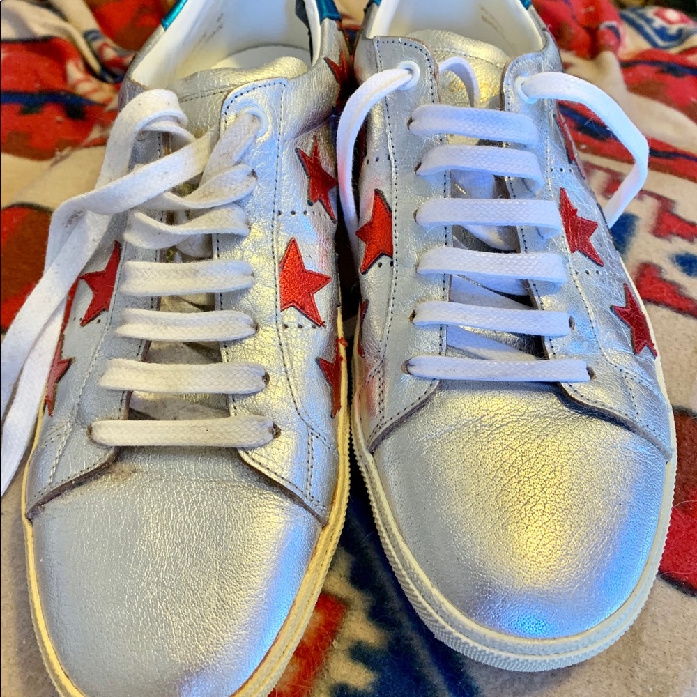 Saint Laurent Silver Leather Sneakers with Red Star Accents